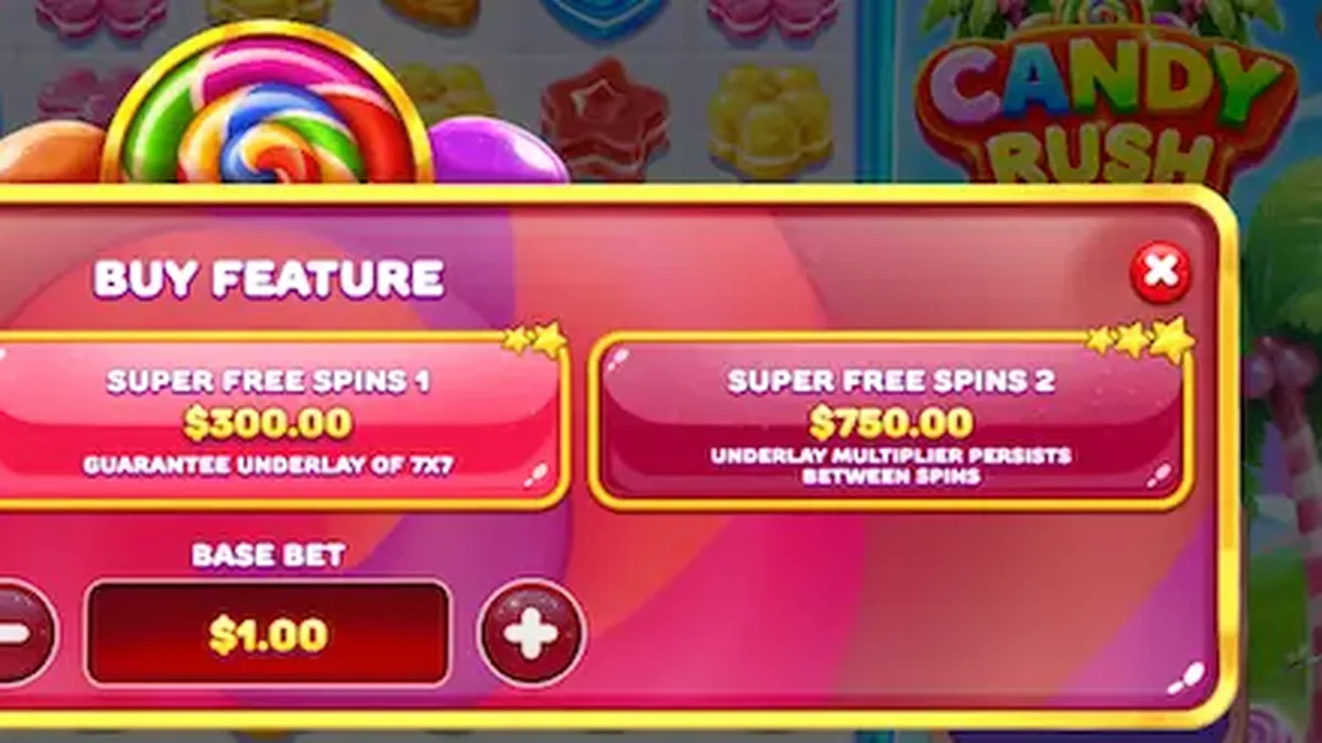 Tampilan visual slot Candy Rush dengan latar belakang tropis dan simbol permen warna-warni.