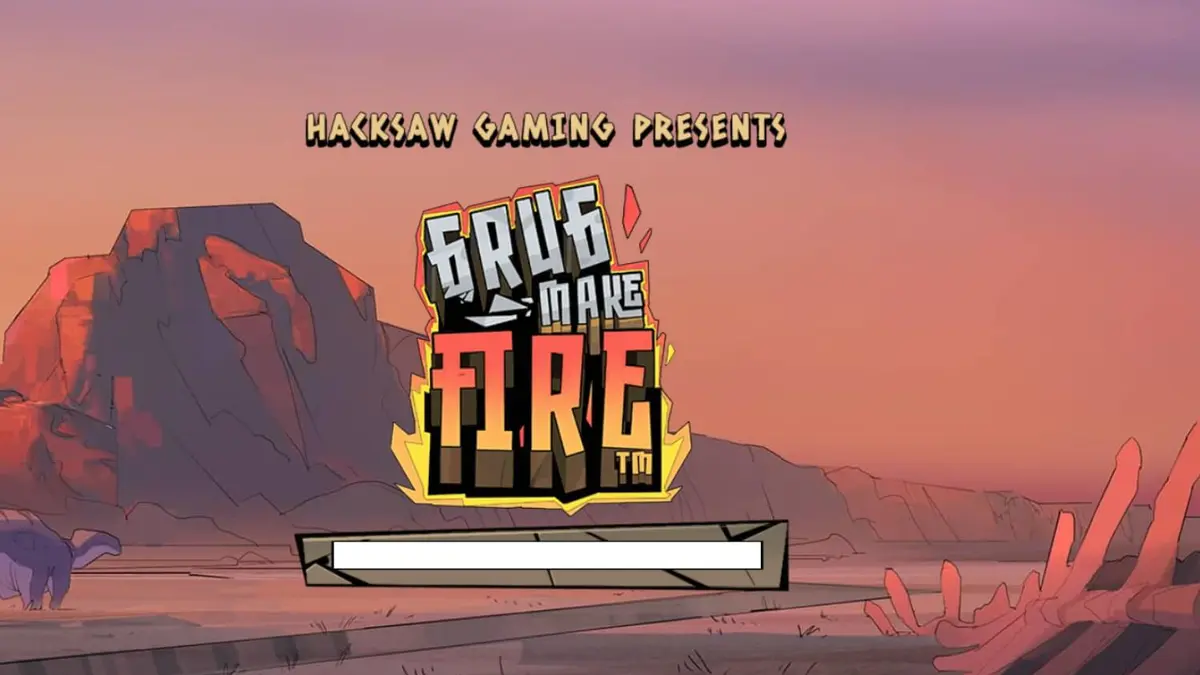 Tampilan visual slot Grug Make Fire dengan latar belakang gua prasejarah dan karakter Grug.
