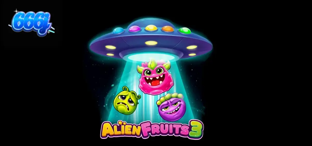 Tampilan layar permainan slot Alien Fruits 3 dengan grid 8x8 yang penuh warna neon.